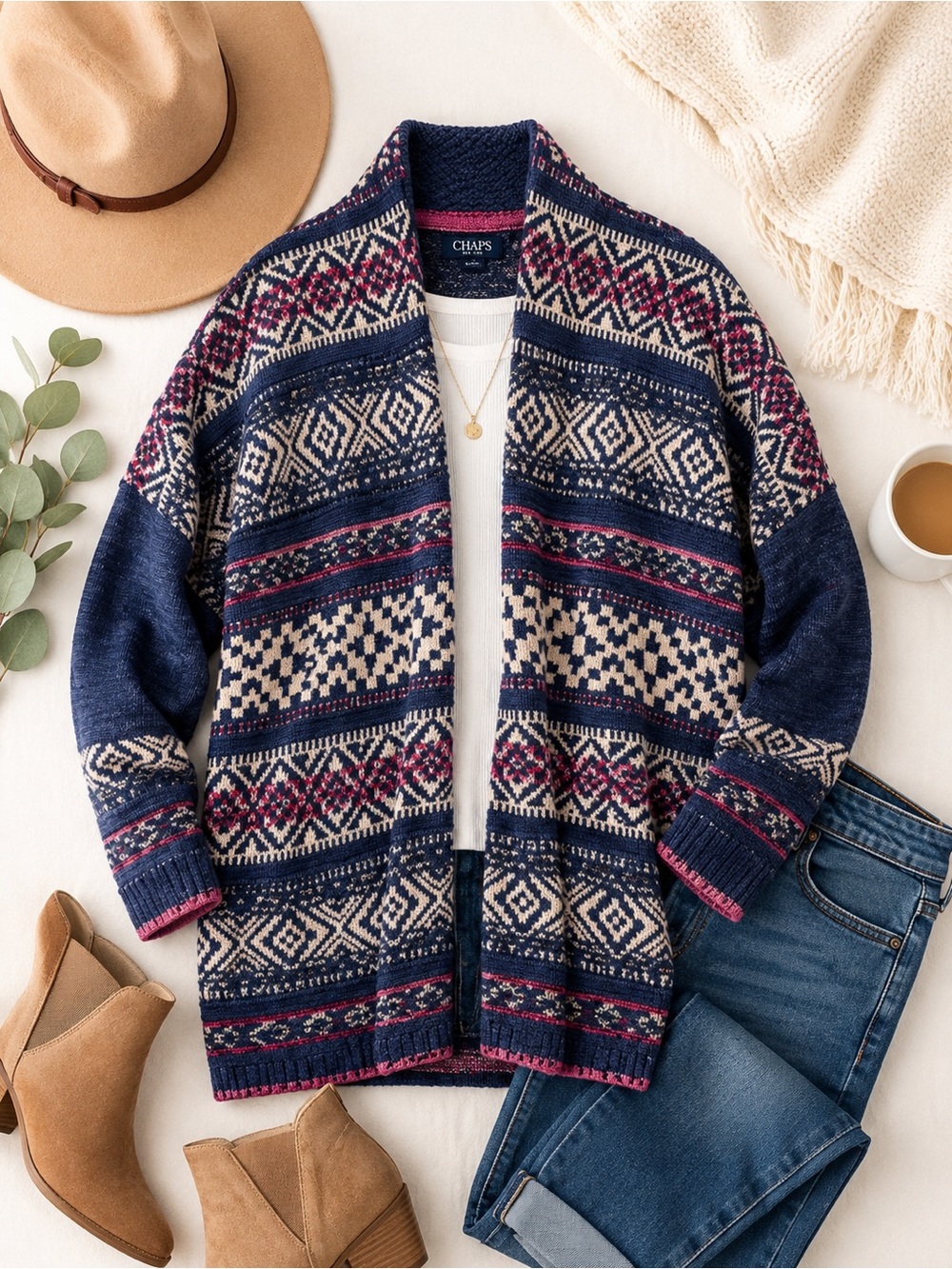 Chaps Navy, Cream & Pink Patterned Open-Front Cardigan